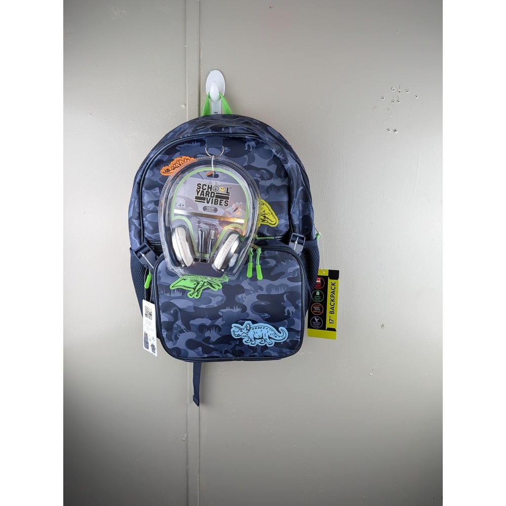 School Yard Vibes Dinosaur Camo 3pc Backpack Set with Lunch Box and Headphones